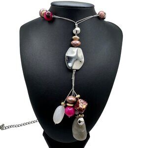 Chico's Necklace Jewlery Statement 32" Adjustable Silver Tone Pink White Stones